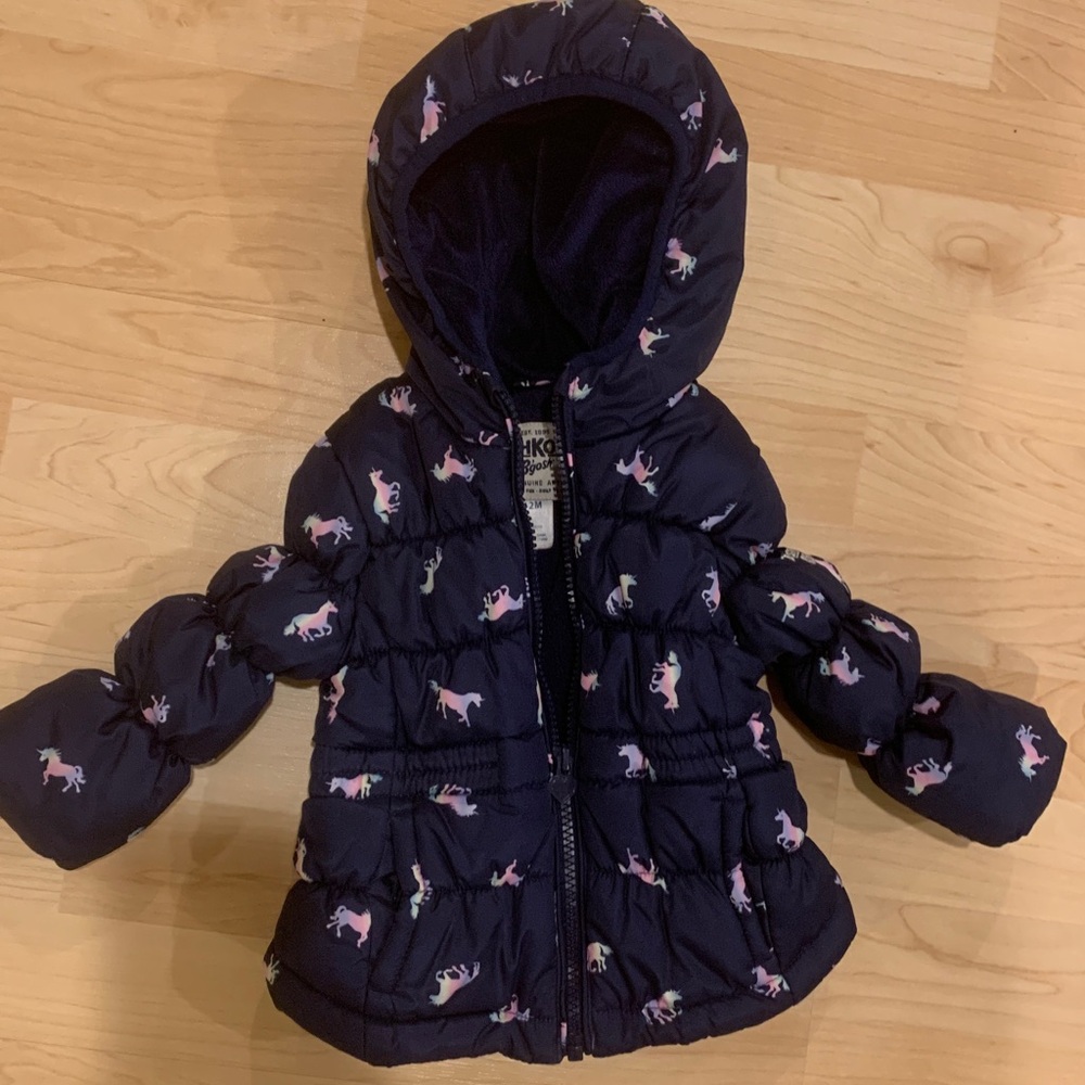 OshKosh B'gosh Navy puffer Jacket with Pink unicorns, size 12M